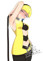 Rule 34 | 1girl, arm behind head, armpits, bare arms, black choker, black pantyhose, blonde hair, blue eyes, blunt bangs, blush, breasts, choker, commentary request, creatures (company), dress, drill bulbul, elesa (pokemon), game freak, half-closed eyes, hand on own hip, headphones, highres, low neckline, medium breasts, midriff, nintendo, pantyhose, pokemon, pokemon bw, short dress, short hair, sleeveless, sleeveless dress, solo, steam, sweat, sweatdrop, translation request, white background, yellow dress