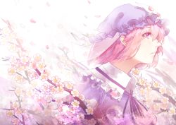 Rule 34 | 1girl, absurdres, blue dress, cherry blossoms, congming lan, dress, flower, hat, highres, hitodama, japanese clothes, kimono, perfect cherry blossom, petals, pink eyes, pink hair, saigyouji yuyuko, short hair, solo, touhou, tree, triangular headpiece