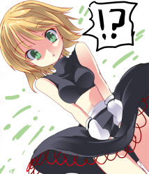 Rule 34 | !?, 1girl, alternate costume, arm warmers, bare shoulders, black dress, blonde hair, breasts, covering privates, covering crotch, dress, dutch angle, fa no hito, female focus, green eyes, midriff, mizuhashi parsee, navel, open mouth, shirt, short hair, simple background, skirt, skirt tug, sleeveless, sleeveless shirt, solo, sports bra, tank top, touhou, turtleneck, upskirt, v arms, wind, wristband