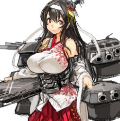 Rule 34 | 10s, 1girl, bare shoulders, black hair, breasts, detached sleeves, female focus, fusou (kancolle), fusou kai ni (kancolle), hair ornament, hakama, hakama short skirt, hakama skirt, headband, japanese clothes, kantai collection, large breasts, long hair, long sleeves, machinery, perky breasts, red eyes, sachito, simple background, skirt, solo, turret, white background, wide sleeves
