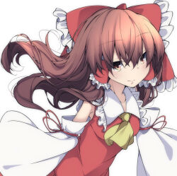 1girl ascot bow breasts brown_eyes brown_hair closed_mouth commentary_request detached_sleeves frilled_bow frilled_hair_tubes frills hair_bow hair_tubes hakurei_reimu long_hair looking_at_viewer red_bow smile solo tangusuten touhou yellow_ascot