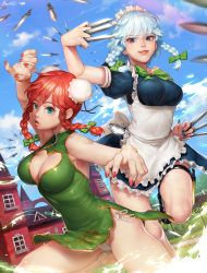 Rule 34 | 2girls, alternate costume, alternate hairstyle, apron, aqua eyes, aqua hair, bad id, bad pixiv id, blue eyes, bow, bracelet, braid, breasts, brooch, bteele, china dress, chinese clothes, cleavage, cleavage cutout, clothing cutout, double bun, dress, fighting stance, fingernails, frills, green dress, hair bow, hair bun, heart, heart cutout, highres, holster, hong meiling, izayoi sakuya, jewelry, knife, large breasts, lips, maid, maid apron, maid headdress, multiple girls, nail polish, panties, pantyshot, pocket watch, puffy short sleeves, puffy sleeves, red hair, scarlet devil mansion, short sleeves, side-tie panties, signature, smile, thigh holster, thigh strap, touhou, twin braids, underwear, waist apron, watch, white panties