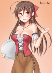 Rule 34 | 1girl, ahoge, alternate costume, anti (untea9), blush, bracelet, brown hair, corset, cowboy shot, earrings, gradient background, hair ornament, hair ribbon, hairclip, highres, jewelry, kantai collection, long hair, looking at viewer, mamiya (kancolle), necklace, open mouth, pink background, ribbon, smile, tray, waitress