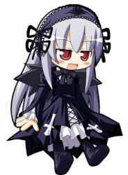 Rule 34 | 00s, 1girl, black dress, blush, chibi, chibi only, dress, frills, hairband, lolita hairband, long hair, lowres, open mouth, red eyes, rozen maiden, silver hair, simple background, sitting, solo, suigintou, very long hair, white background