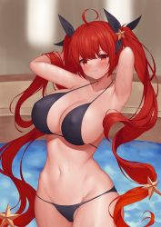 Rule 34 | 1girl, absurdres, ahoge, armpits, arms behind head, arms up, azur lane, bare shoulders, bikini, black bikini, black ribbon, blush, breasts, cleavage, closed mouth, collarbone, commentary, covered erect nipples, cowboy shot, groin, hair ornament, hair ribbon, highres, honolulu (azur lane), honolulu (summer accident?!) (azur lane), large breasts, long hair, looking at viewer, navel, official alternate costume, pinkcap, pool, red eyes, red hair, ribbon, sidelocks, smile, solo, standing, star (symbol), star hair ornament, stomach, swimsuit, twintails, very long hair, wading