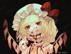 Rule 34 | 1girl, artist name, black background, blonde hair, blood, blood on face, blood on hands, empty eyes, expressionless, flandre scarlet, hand on own chin, hat, hat ribbon, head tilt, horror (theme), looking at viewer, mob cap, mochacot, one side up, puffy short sleeves, puffy sleeves, red eyes, red vest, ribbon, shirt, short hair, short sleeves, solo, texture, touhou, upper body, vest, white hat, white shirt, wings, wrist cuffs, yellow neckwear