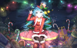 Rule 34 | 1girl, aqua eyes, aqua hair, bell, boots, candy, candy cane, christmas, collar, food, fur boots, gift, hat, hatsune miku, highres, jingle bell, knee boots, long hair, md5 mismatch, neck bell, night, pinky out, qys3, red footwear, santa boots, sitting, skirt, smile, solo, thighhighs, top hat, twintails, vocaloid