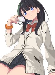 Rule 34 | 1girl, aki poi, black hair, black skirt, blue eyes, bow, cardigan, cellphone, closed mouth, collared shirt, commentary request, dress shirt, from below, green hair, grey cardigan, gridman universe, head tilt, holding, holding phone, long hair, long sleeves, looking at viewer, looking down, multicolored hair, orange scrunchie, phone, pleated skirt, red bow, scrunchie, shirt, simple background, skirt, smile, solo, streaked hair, takarada rikka, white background, white shirt, wrist scrunchie