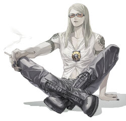 Rule 34 | 1boy, black nails, black pants, blonde hair, blue eyes, cigarette, expressionless, fate/grand order, fate (series), flapper shirt, hand on own knee, highres, holding, holding cigarette, indian style, jewelry, long hair, looking at viewer, male focus, medallion, midriff peek, nail polish, navel, necklace, orange-tinted eyewear, pants, riku gotaro, shirt, shoulder tattoo, simple background, sitting, sleeveless, smoke, solo, sunglasses, tattoo, tezcatlipoca (fate), tinted eyewear, white background, white shirt