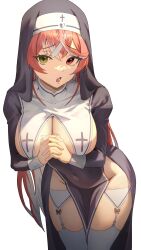 Rule 34 | 1girl, :o, breasts, covered navel, crossed bangs, garter straps, groin, heterochromia, highres, hololive, houshou marine, houshou marine (nun), kobayashi (jna x rgh), large breasts, leaning forward, long hair, multicolored hair, open mouth, own hands together, pelvic curtain, red eyes, red hair, simple background, solo, streaked hair, thighhighs, thighs, two-tone hair, very long hair, white background, white hair, white thighhighs, yellow eyes