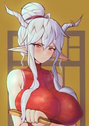 Rule 34 | 1girl, absurdres, arknights, blush, breast hold, breasts, brown background, china dress, chinese clothes, closed mouth, dress, hair bun, highres, holding, horns, large breasts, long hair, pointy ears, red dress, red eyes, shining (arknights), sidelocks, single hair bun, sleeveless, sleeveless dress, solo, two-tone background, white hair, yamada (894921678), yellow background