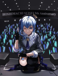 Rule 34 | 1girl, anniversary, ascot, beret, black choker, black gloves, blue ascot, blue eyes, blue hair, botan0912, character name, choker, commentary request, crown, full body, gloves, glowstick, grey hat, hat, highres, hololive, hoshimachi suisei, hoshimachi suisei (1st costume), looking at viewer, microphone, mini crown, one eye closed, partially fingerless gloves, penlight (glowstick), side ponytail, single thighhigh, solo, squatting, stage, star (symbol), thighhighs, v, virtual youtuber