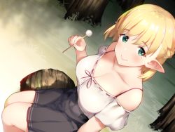 Rule 34 | 1girl, bare shoulders, batsu, black skirt, blonde hair, blush, braid, breasts, cleavage, closed mouth, elf, forest, french braid, green eyes, holding, large breasts, log, looking at viewer, mimikaki, mole, mole under eye, nature, original, outdoors, pleated skirt, pointy ears, shirt, short hair, sitting, skirt, smile, solo, tree, white shirt