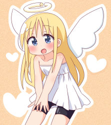 Rule 34 | 1other, :d, bare arms, bare shoulders, bike shorts, black shorts, blonde hair, blue eyes, blush, broken halo, collarbone, commentary request, crimvael, dress, halo, hana kazari, heart, highres, ishuzoku reviewers, long hair, looking at viewer, open mouth, other focus, outline, pleated dress, short shorts, shorts, shorts under dress, smile, solo, strapless, strapless dress, very long hair, white dress, white outline, white wings, wings