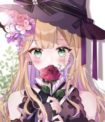 Rule 34 | 1girl, bare shoulders, black dress, black hat, black ribbon, blonde hair, blurry, blurry background, blush, bug, butterfly, colored inner hair, commentary, covering own mouth, dress, earrings, fern, flower, green eyes, hair ornament, hat, hat flower, hat ribbon, highres, holding, holding flower, insect, jewelry, kurumi noah, looking at viewer, multicolored hair, nail polish, outdoors, pink flower, pink rose, purple hair, purple nails, red flower, red rose, ribbon, rose, shain, solo, symbol-only commentary, upper body, virtual youtuber, vspo!, witch hat