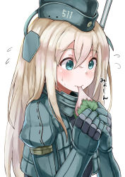 Rule 34 | 10s, 1girl, absurdres, blonde hair, blush, character name, close-up, collar, cropped jacket, eating, elbow gloves, eyebrows, flying sweatdrops, food, fruit, garrison cap, gloves, green eyes, green gloves, green hat, green jacket, hair between eyes, hat, highres, holding, holding food, holding fruit, jacket, kantai collection, long hair, okitsugu, open clothes, open jacket, peach, sakura mochi, solo, sweatdrop, tareme, text focus, translation request, u-511 (kancolle), upper body, wagashi