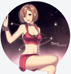 Rule 34 | 1girl, absurdres, bare shoulders, breasts, brown hair, cleavage, crop top, crossed legs, highres, medium breasts, meiko (vocaloid), meiko (vocaloid3), midriff, miniskirt, nail polish, navel, open mouth, red eyes, red neckwear, red skirt, short hair, sitting, skirt, smile, solo, star (sky), vocaloid, yen-mi