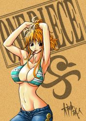 Rule 34 | armpits, bikini, bikini top only, breasts, cleavage, denim, jeans, large breasts, long hair, mouth hold, nami (one piece), navel, one piece, oogami makoto (artist), orange hair, pants, sabaody archipelago, solo, swimsuit, underboob