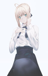 Rule 34 | 1girl, ahoge, artoria pendragon (all), artoria pendragon (fate), bad id, bad pixiv id, black ribbon, black skirt, blonde hair, blue eyes, blush, braid, braided bun, closed mouth, collared shirt, cowboy shot, dress shirt, fate/stay night, fate (series), fov ps, hair bun, hair intakes, hair ribbon, high-waist skirt, highres, long sleeves, looking at viewer, neck ribbon, ribbon, saber (fate), shirt, short hair with long locks, sidelocks, simple background, skirt, smile, solo, standing, white background, white shirt, wing collar