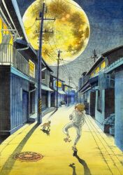 Rule 34 | 1boy, alley, blonde hair, can, cat, grate, hair over eyes, hand in pocket, holding, holding can, house, ippuqq, laundry, long sleeves, moon, night, original, pants, plant, sandals, sewer grate, shadow, shirt, short hair, traditional media, utility pole, walking, white pants, white shirt