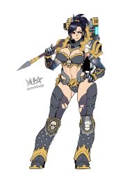 Rule 34 | 1girl, adeptus astartes, armor, bikini armor, black armor, black hair, breastplate, breasts, chain, cleavage, closed mouth, contrapposto, ferrus manus, flamethrower, forgebreaker, full armor, gauntlets, genderswap, genderswap (mtf), gold trim, greaves, gun, hand on own hip, highres, holding, holding weapon, iron hands (warhammer), large breasts, muscular, muscular female, pauldrons, ponytail, power armor, primarch, ryuusei (mark ii), scar, scar across eye, scar on face, short hair, shoulder armor, signature, skull, solo, thighhighs, torn clothes, war hammer, warhammer 40k, weapon, white background