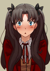 Rule 34 | &gt;:o, 1girl, :&lt;, :o, blue eyes, blush, bow, brown hair, club3, fate/stay night, fate (series), hair bow, long hair, looking at viewer, sketch, solo, tohsaka rin, triangle mouth, two side up, upper body, v-shaped eyebrows