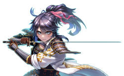 Rule 34 | 1girl, agustinus, armor, black hair, blue eyes, blue hair, breasts, commentary, cosplay, elden ring, english commentary, floating hair, hair ribbon, highres, holding, holding sword, holding weapon, indie virtual youtuber, jacket, katana, kson, medium breasts, mole, mole under eye, multicolored hair, parted lips, pink ribbon, ribbon, samurai (elden ring), samurai (elden ring) (cosplay), shoulder armor, solo, souchou, streaked hair, sword, tarnished (elden ring), virtual youtuber, weapon, white background, white jacket