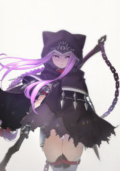 Rule 34 | 1girl, animal ears, animal hood, black cloak, black gloves, braid, chain, cloak, closed mouth, commentary request, fake animal ears, fate/grand order, fate (series), floating hair, gloves, gluteal fold, grey background, highres, holding, holding weapon, hood, hood up, hooded cloak, long hair, looking at viewer, medusa (fate), medusa (lancer) (fate), medusa (rider) (fate), purple eyes, purple hair, rider, sidelocks, simple background, solo, thigh gap, thighhighs, torn cloak, torn clothes, very long hair, weapon, white thighhighs, yunar