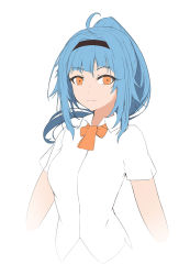 Rule 34 | 1girl, black hairband, blue hair, closed mouth, commentary, cropped torso, eien (x0b3o6x7), girls&#039; frontline, hairband, looking at viewer, medium hair, orange eyes, ponytail, shirt, short sleeves, smile, solo, t91 (girls&#039; frontline), upper body, white background, white shirt