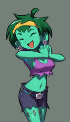 Rule 34 | 1girl, ^ ^, absurdres, belt, breasts, cleavage, closed eyes, colored skin, earrings, green hair, green skin, grey background, happy, headband, highres, interlocked fingers, jewelry, makoto yabe, midriff, navel, official art, open mouth, rottytops, shantae (series), short hair, shorts, sideboob, simple background, skull earrings, solo, stitches, stomach, tank top, torn clothes, zombie