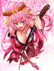 Rule 34 | 1girl, blue eyes, breasts, chiba toshirou, female focus, full body, highres, huge breasts, pink hair, solo, sword, tongue, weapon