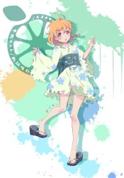 Rule 34 | 1girl, :o, aqua bow, artist name, artist request, bare legs, blush, bow, corset, feet, female focus, floral print, flower print, full body, hair bow, highres, japanese clothes, kimono, long sleeves, looking at viewer, love live!, love live! sunshine!!, natsu rin (pixiv28660143), orange hair, parted lips, platform footwear, red eyes, sandals, short hair, smile, solo, standing, standing on one leg, takami chika, white kimono