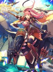 Rule 34 | 1girl, axe, breasts, cleavage, company name, copyright name, dragon, female focus, fire emblem, fire emblem: three houses, fire emblem cipher, freikugel, gloves, hilda valentine goneril, holding, holding axe, kurosawa tetsu, long hair, matching hair/eyes, nintendo, official art, open mouth, pink eyes, pink hair, riding, ship, sky, solo focus, thighhighs, twintails, watercraft, wyvern
