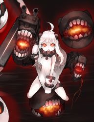 Rule 34 | 10s, 1girl, abyssal ship, ahoge, colored skin, dress, ganesagi, highres, horns, kantai collection, long hair, looking at viewer, mittens, northern ocean princess, open mouth, pale skin, red eyes, solo, white dress, white hair, white skin
