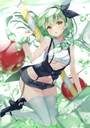 Rule 34 | 1girl, black footwear, black shorts, blurry, blush, bow, breasts, cherry, collared shirt, commentary request, depth of field, drinking straw, food, fruit, green hair, hair bow, halter shirt, halterneck, high heels, highres, long hair, looking at viewer, muninshiki, navel, open mouth, original, oversized food, oversized object, shirt, short shorts, shorts, sleeveless, sleeveless shirt, small breasts, solo, thighhighs, underboob, waistcoat, water drop, white background, white shirt, yellow eyes