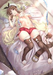 Rule 34 | 1girl, atelier (series), atelier ryza, atelier ryza 1, bed sheet, belt, breasts, brown eyes, brown hair, brown thighhighs, full body, hair ornament, hairclip, hat, highres, looking at viewer, lying, medium breasts, navel, on back, on bed, open mouth, pillow, red shorts, reisalin stout, short hair, shorts, solo, stomach, sunlight, thick thighs, thighhighs, thighs, underboob, unworn belt, white hat, white thighhighs, yukishiro arte