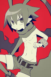 Rule 34 | 1boy, absurdres, antenna hair, belt, bracelet, demon boy, disgaea, hair between eyes, highres, himawari (kawaisounaedesu), jewelry, laharl, male focus, navel, parted lips, pointy ears, red background, scarf, shoes, shorts, solo, topless male