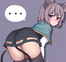 Rule 34 | ..., 1girl, :o, animal ears, ass, bent over, black thighhighs, blue capelet, blush, capelet, cleft of venus, female focus, grey hair, highres, looking at viewer, looking back, medium hair, mouse ears, mouse girl, mouse tail, nazrin, no panties, nuclear cake, purple background, purple eyes, pussy, simple background, skirt, solo, spoken ellipsis, tail, thighhighs, touhou