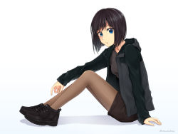Rule 34 | 1girl, absurdres, black hair, blue eyes, brown pantyhose, commentary, highres, jacket, pantyhose under shorts, looking at viewer, original, pantyhose, setu kurokawa, short hair, short shorts, shorts, sitting, solo, white background