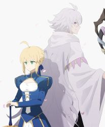 Rule 34 | 1boy, 1girl, ahoge, antenna hair, artoria pendragon (all), artoria pendragon (fate), back-to-back, blonde hair, blue dress, blue ribbon, braid, closed mouth, clothing cutout, commentary request, dress, excalibur (fate/stay night), fate/grand order, fate/stay night, fate (series), french braid, green eyes, hair ribbon, height difference, highres, holding, holding staff, holding sword, holding weapon, hooded robe, juliet sleeves, long sleeves, looking at another, looking away, merlin (fate), ninjin (ne f g o), petals, puffy sleeves, purple eyes, ribbon, robe, saber (fate), serious, shadow, short hair, sidelocks, simple background, smile, staff, sword, upper body, weapon, white background, white hair, white robe, wide sleeves