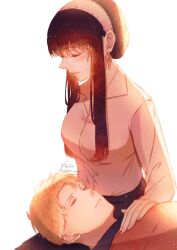 Rule 34 | 1boy, 1girl, artist name, black hair, blonde hair, blush, breasts, closed eyes, collared shirt, earrings, gold earrings, hair between eyes, hair up, hairband, hand on another&#039;s chest, highres, jewelry, lap pillow, long hair, long sleeves, medium breasts, parted bangs, parted lips, shirt, short hair, sidelocks, smile, spy x family, twilight (spy x family), twitter username, upper body, violet viora, white background, white hairband, white shirt, yor briar