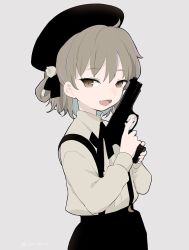 Rule 34 | 1girl, :d, black hat, brown eyes, collared shirt, commentary request, fang, fingernails, flower, grey background, grey hair, gun, hair flower, hair ornament, handgun, hat, hatoba tsugu, holding, holding gun, holding weapon, ica, long sleeves, mole, mole under eye, open mouth, pistol, shirt, short hair, simple background, smile, solo, suspenders, trigger discipline, virtual youtuber, weapon, wing collar