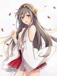 Rule 34 | 10s, 1girl, black hair, blush, brown eyes, detached sleeves, hand on own chest, haruna (kancolle), headgear, kantai collection, long hair, looking at viewer, nontraditional miko, petals, skirt, solo, white background, yue teitoku