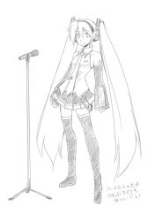 Rule 34 | detached sleeves, greyscale, hatsune miku, long hair, microphone, microphone stand, monochrome, onaya masakazu, sketch, solo, thighhighs, twintails, very long hair, vocaloid
