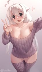 Rule 34 | 1girl, :d, ahoge, bare shoulders, black eyes, breasts, collarbone, commentary, english commentary, gradient background, grey background, grey sweater, grey thighhighs, hair between eyes, hair flaps, heart, heart in eye, highres, iwbitu, large breasts, long hair, long sleeves, looking at viewer, nyopu, open mouth, original, simple background, smile, solo, sweater, symbol in eye, thick eyebrows, thighhighs, twitter username, v, white hair