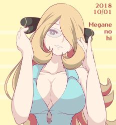 Rule 34 | 1girl, blonde hair, breasts, cleavage, creatures (company), cynthia (pokemon), game freak, glasses, hair ornament, large breasts, long hair, looking at viewer, nintendo, pokemon, pokemon (anime), pokemon bw (anime), smile, solo, yang meiling