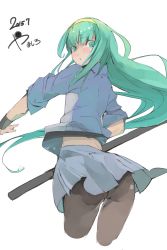 Rule 34 | 1girl, ass, black pantyhose, blush, cropped legs, fighting stance, green eyes, green hair, hairband, highres, jacket, katana, long hair, matching hair/eyes, panties, panties under pantyhose, pantyhose, pantylines, pisuta (yamashiro), see-through, sheath, sheathed, shimo (yatagarasu), simple background, skirt, solo, sword, track jacket, underwear, weapon, yatagarasu (game)