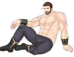 Rule 34 | 1boy, abs, absurdres, bara, beard, boots, bulge, chest hair, facial hair, fresuke sanc, full body, grey pants, gyee, highres, large pectorals, male focus, mature male, multiple boys, muscular, muscular male, navel, navel hair, nipples, pants, pectorals, short hair, sitting, solo, stomach, thighs, topless male, vundo (gyee)