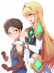 Rule 34 | 1boy, 1girl, armor, blonde hair, blush, breasts, brown hair, cleavage, cleavage cutout, clothing cutout, dress, earrings, elbow gloves, gem, gloves, hair ornament, headpiece, highres, huge breasts, jewelry, large breasts, long hair, mythra (xenoblade), nervous, nintendo, ponponmaru, rex (xenoblade), short hair, smile, tiara, white dress, xenoblade chronicles (series), xenoblade chronicles 2