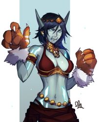 Rule 34 | 1girl, animal hands, bikini, black hair, blue skin, breasts, brown bikini, closed mouth, colored skin, distr, druid (warcraft), facial mark, fewer digits, highres, jewelry, large breasts, long hair, looking at viewer, navel, necklace, paw pose, solo, swimsuit, troll (warcraft), tusks, warcraft, world of warcraft